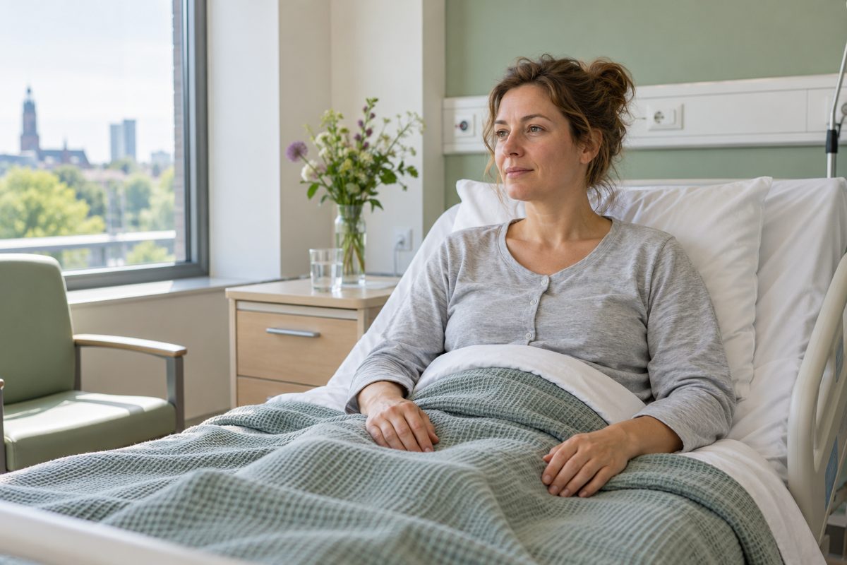 Illustratieve, gegenereerde scène van een volwassen vrouw die herstelt in een ziekenhuisbed